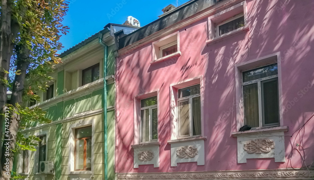 Beautiful green and pink buildings in Plovdiv, Bulgaria