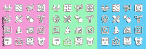 Set line Peace, Heart rate, Freedom of speech, Censored stamp, International day peace, Gender equality and Ball chain icon. Vector