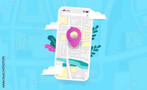 Map on phone with geotag symbol - Smartphone with app showing city map and destination. Colourful vector illustration