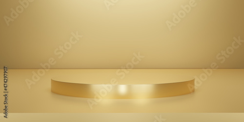 Fototapeta Naklejka Na Ścianę i Meble -  Shiny gold round pedestal or podium  with studio  backdrops. Beige or cream Blank display or clean room for showing product. Minimalist mockup for podium display or showcase. 3D rendering.