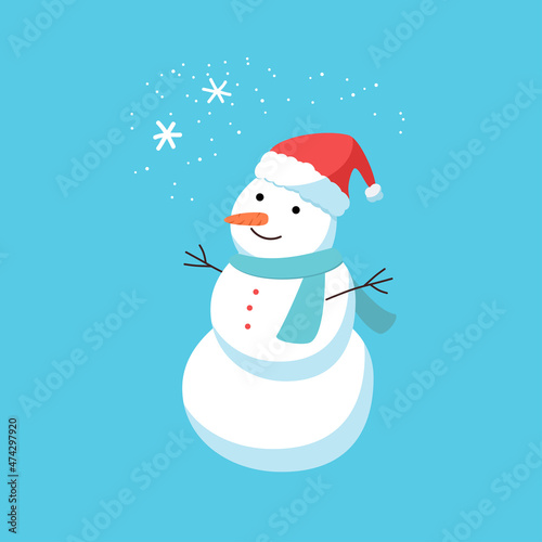 Vector snowman on an isolated background, drawn in flat style. Snowman in a red hat and a scarf. Snowflakes and snowfall.