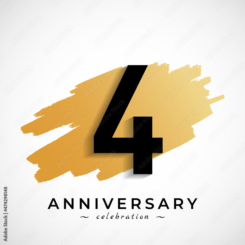 Fototapeta premium 4 Year Anniversary Celebration with Gold Brush Symbol. Happy Anniversary Greeting Celebrates Event Isolated on White Background