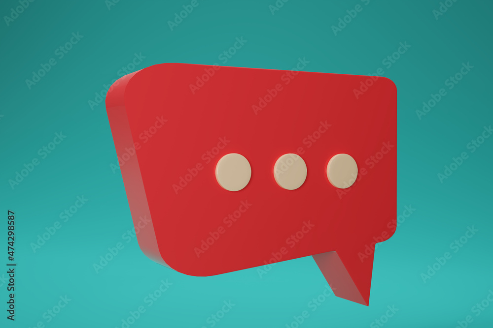 3D render red Minimal chat bubble. Contact us or chat icon 3D in blue green background. Concept of communication, social media messages, SMS, comments. 3d rendering 3D render red Minimal chat bubble. Contact us or chat icon 3D in blue green background. Concept of communication, social media messages, SMS, comments. 3d rendering