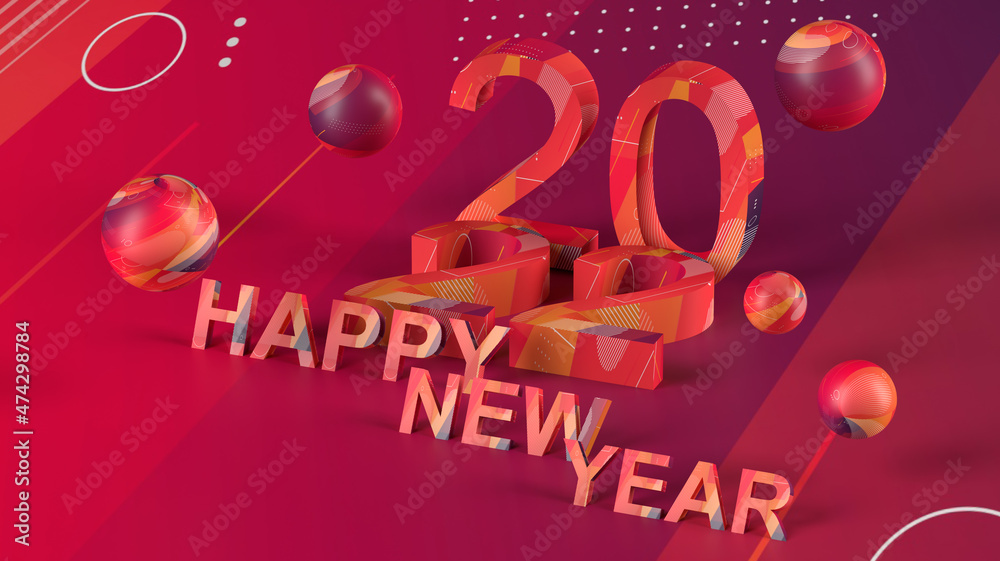 Abstract three dimensional illustration for the year 2022 with the words Happy New Year