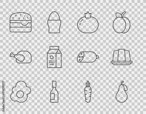Set line Scrambled egg, Pear, Tomato, Tabasco sauce, Burger, aper package for milk, Carrot and Jelly cake icon. Vector