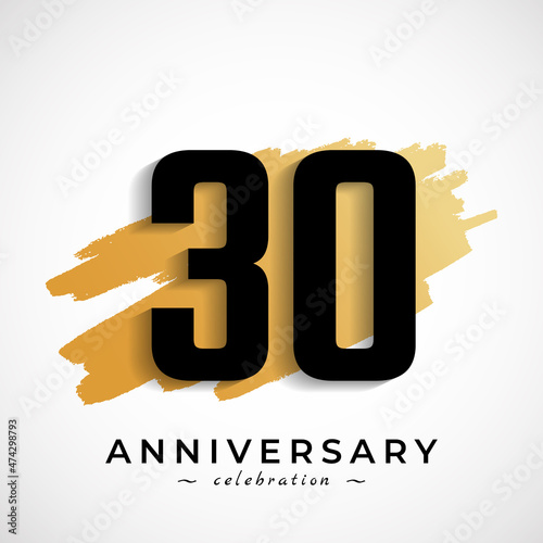 30 Year Anniversary Celebration with Gold Brush Symbol. Happy Anniversary Greeting Celebrates Event Isolated on White Background
