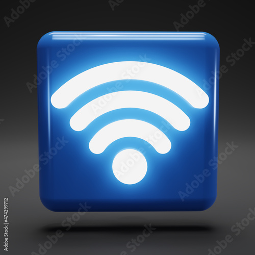 Wifi with shining light icon, icon isolated on dark background. White on blue Wi-fi Sign.. Wi Fi Wireless Network Symbol. 3d rendering