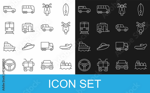 Set line Oil tanker ship, Rafting boat, Scooter, Rv Camping trailer, Train and railway, Car and Off road car icon. Vector