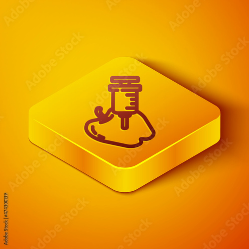 Isometric line Genetically modified apple icon isolated on orange background. GMO fruit. Syringe being injected to apple. Yellow square button. Vector