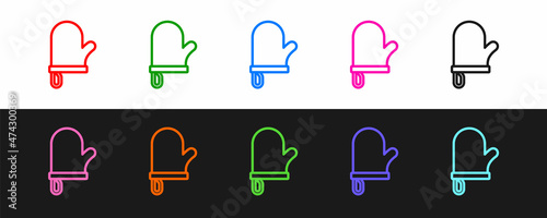 Set line Oven glove icon isolated on black and white background. Kitchen potholder sign. Cooking glove. Vector
