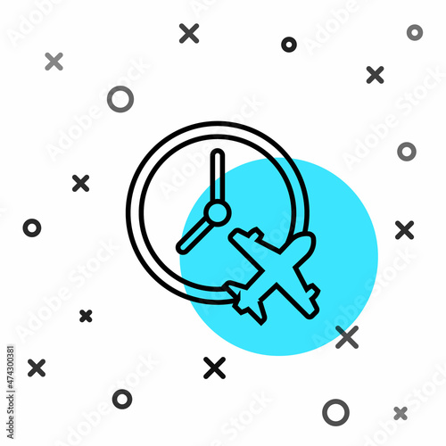 Black line Clock with airplane icon isolated on white background. Designation of time before departure, check-in for flight and arrival time symbol. Random dynamic shapes. Vector