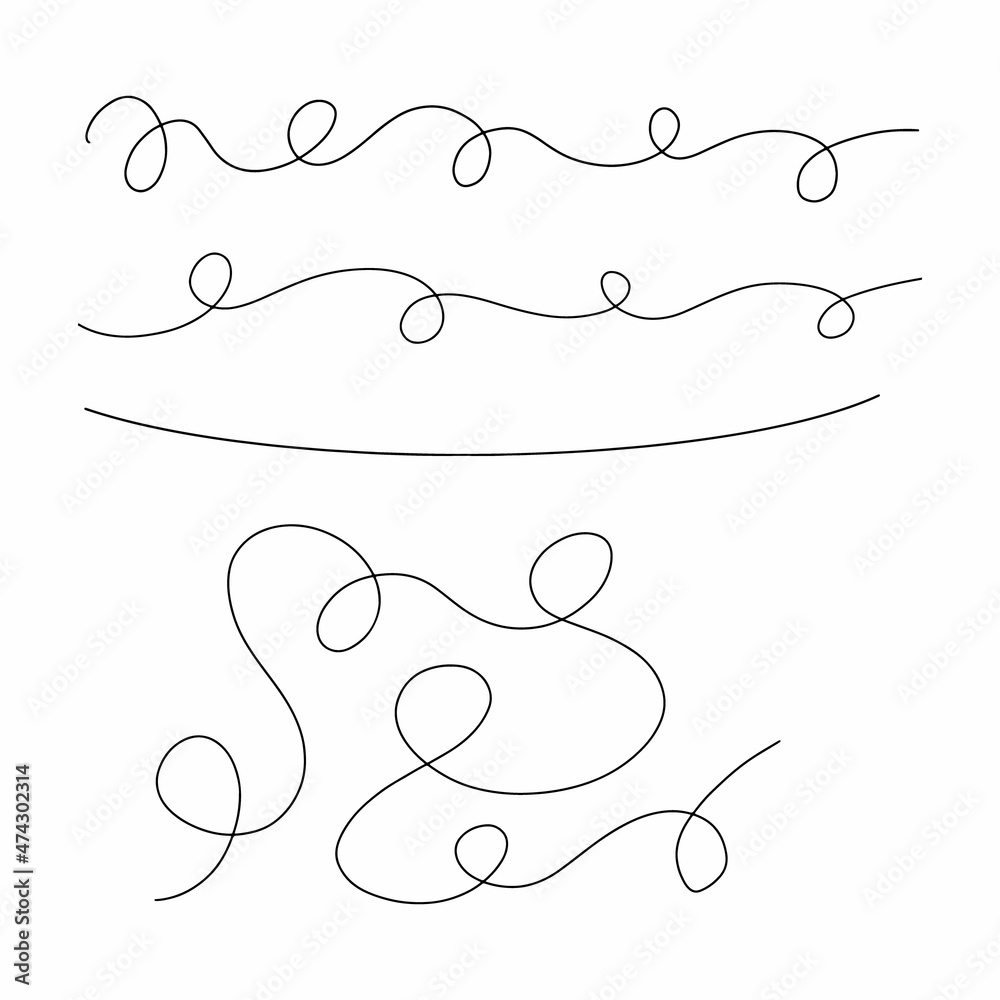 Curls abstract scribble with hand drawn line. Doodle decorative curls, swirls, flourishes and text calligraphy dividers collection. Simple vintage elements isolated on white background for design.