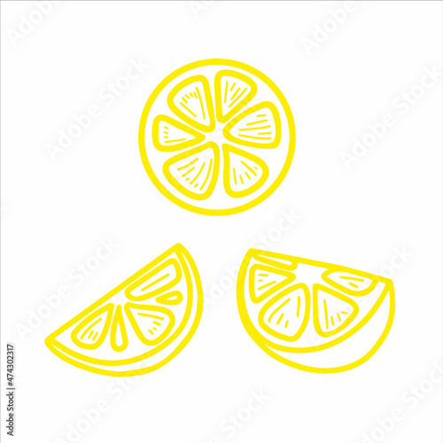 Vector hand drawn set of lemon isolated on white background icon. Funny doodle slices of lemon for seasonal design, textile, decoration caffe or greeting card. Retro isolated sketches in vintage style