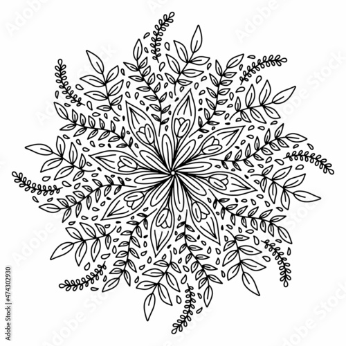 Floral vector mandala with flowers and leaves in doodle style isolated on white background. Funny coloring and cute illustration for seasonal design, textile, decoration kids playroom or greeting card