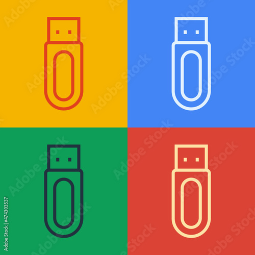 Pop art line USB flash drive icon isolated on color background. Vector