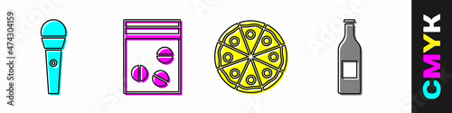 Set Karaoke microphone, Plastic bag of drug, Pizza and Beer bottle icon. Vector