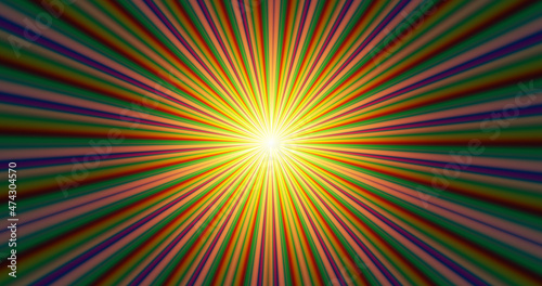 Render with lines of different colors converging in a glowing yellow center on a bright saturated background