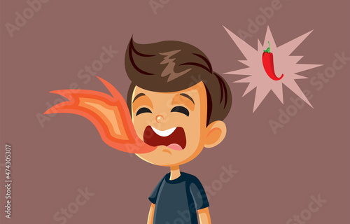 Принти на полотні Little Boy with Mouth in Flames After Eating Chili Spicy Food Vector Cartoon