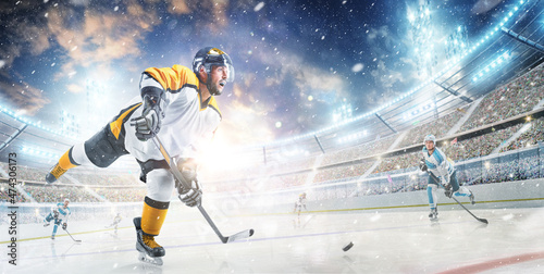 Sport. Professional hockey player in action. Sports emotions. Hockey concept. Ad