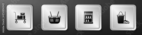 Set Hand truck and boxes, Shopping basket, Commercial refrigerator and Mop bucket icon. Silver square button. Vector