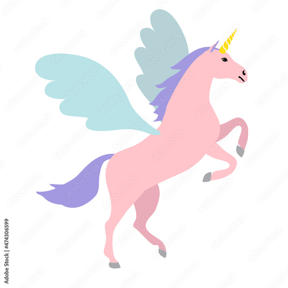Vector flat hand drawn colored pegasus isolated on white background
