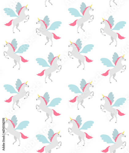 Vector seamless pattern of flat hand drawn pegasus isolated on white background