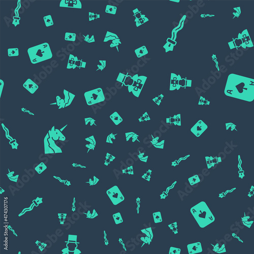 Set Magician, staff, Unicorn and Playing cards on seamless pattern. Vector