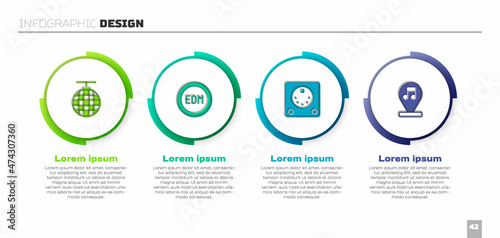 Set Disco ball, EDM electronic dance music, Drum machine and Music note, tone. Business infographic template. Vector