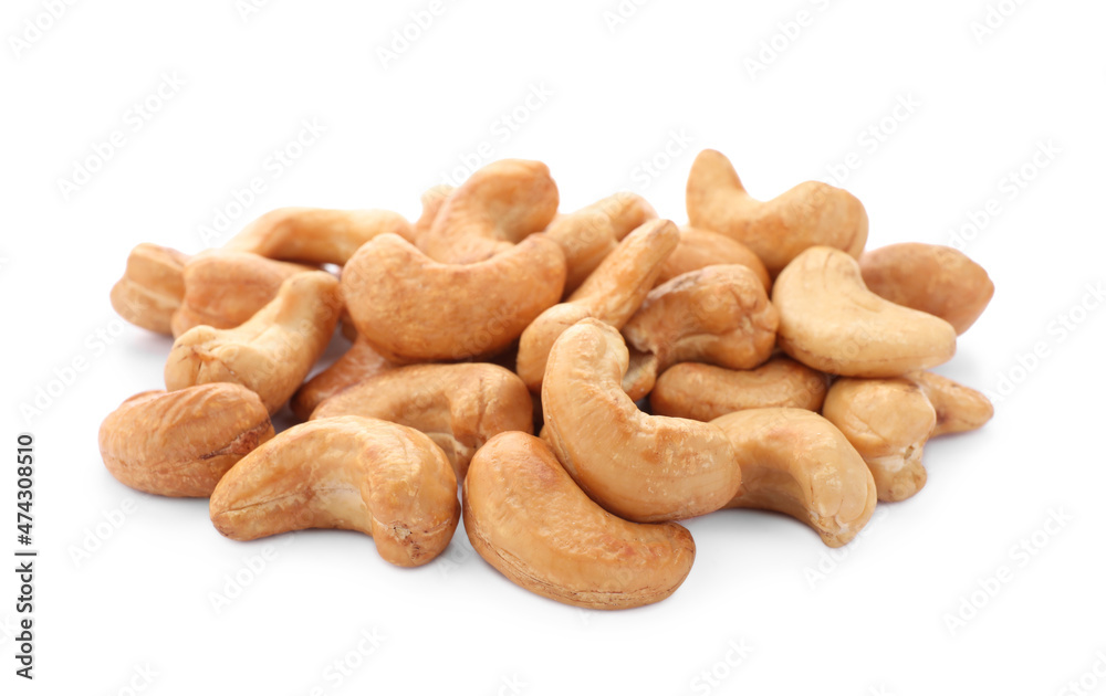 Pile of tasty organic cashew nuts isolated on white