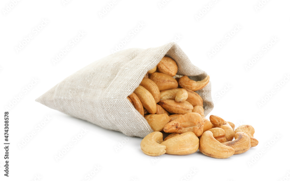 Sack and tasty organic cashew nuts isolated on white Sack and tasty organic cashew nuts isolated on white