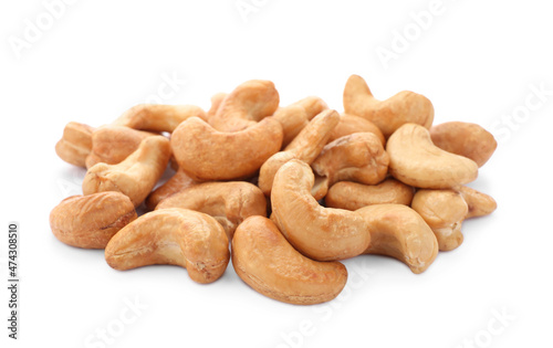 Pile of tasty organic cashew nuts isolated on white