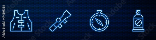 Set line Compass, Hunting jacket, Sniper optical sight and Spray against insects. Glowing neon icon on brick wall. Vector