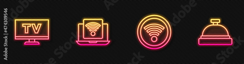 Set line Wi-Fi wireless, Smart Tv, Wireless laptop and Hotel service bell. Glowing neon icon. Vector