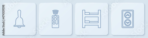 Set line Hotel service bell, room bed, Remote control and Lift. White square button. Vector
