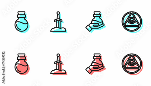 Set line Bottle with potion, , Sword in the stone and Masons icon. Vector