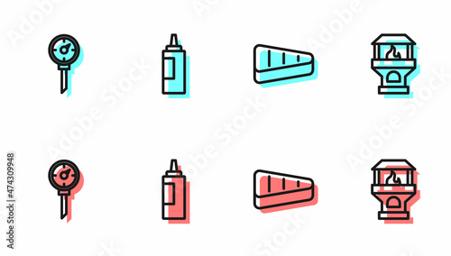 Set line Steak meat, Kitchen thermometer, Sauce bottle and Brick stove icon. Vector