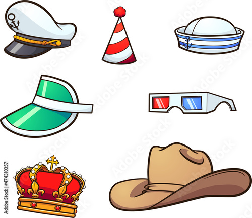Cartoon hats and glasses of diverse shapes and sizes. Vector clip art illustration with simple gradients. Each on a separate layer.
