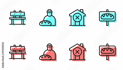 Set line No house, Bench, Feeding the homeless and Donation food icon. Vector