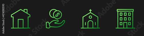Set line Church building, Real estate, Donation hand with money and Multi storey. Gradient color icons. Vector