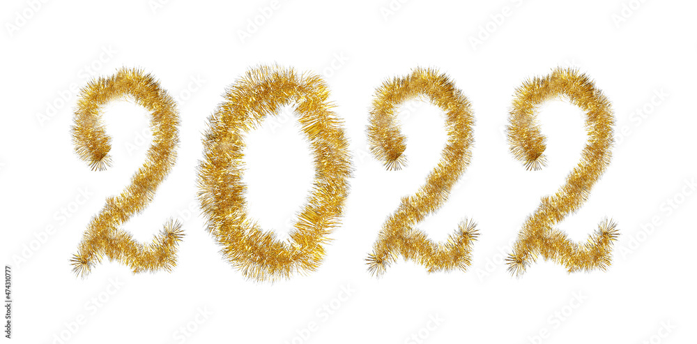 Number 2022 made of shiny golden tinsels on white background, banner design Number 2022 made of shiny golden tinsels on white background, banner design