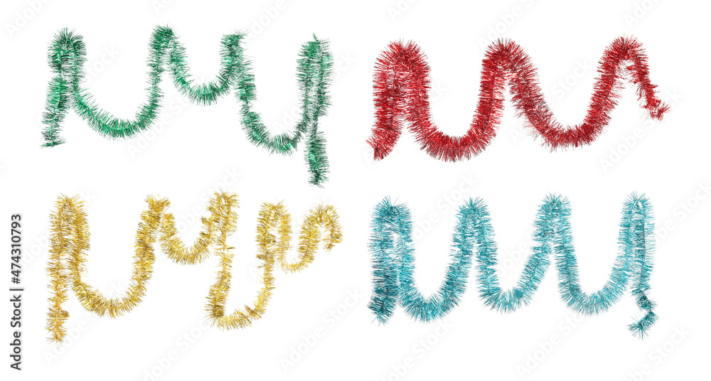 Set with different shiny tinsels on white background, banner design. Christmas decoration Set with different shiny tinsels on white background, banner design. Christmas decoration