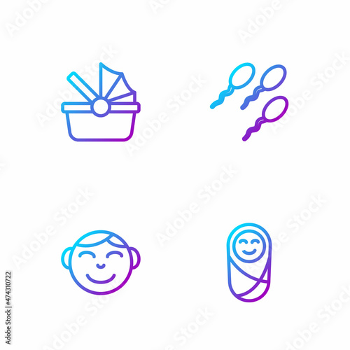 Set line Newborn baby infant swaddled, Little boy head, Baby stroller and Sperm. Gradient color icons. Vector