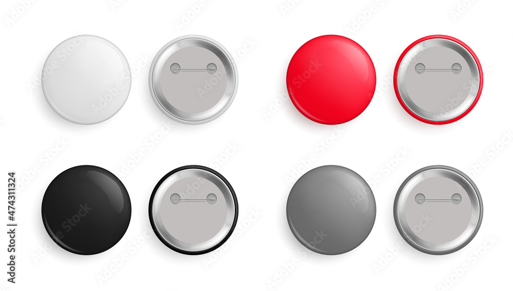 Round blank metal glossy pin button templates set. Front and back view of empty badges with place for text realistic vector illustration isolated on white background