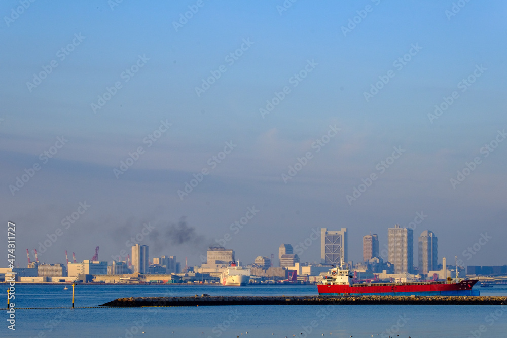 Obraz premium 大型商業や美術館・ホテル等が揃い、人口島とは思えない豊かな花木に囲まれた神戸の離島、六甲アイランド。芦屋浜より撮影