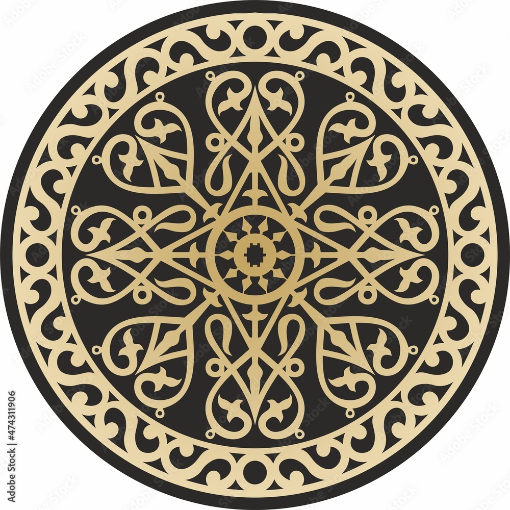 Vector gold on a black background Yakut round ornament. The circle of the ancestors of the northern peoples of the tundra. Talisman, amulet, protection symbol of longevity and infinity
