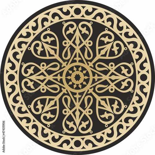 Vector gold on a black background Yakut round ornament. The circle of the ancestors of the northern peoples of the tundra. Talisman, amulet, protection symbol of longevity and infinity
