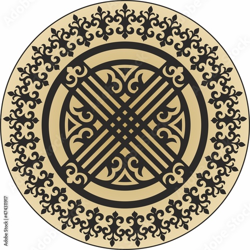 Vector black Kazakh round ornament on a gold background. The circle of ancestors of the nomadic peoples of the Great Steppe. Shanyrak, yurt decoration
