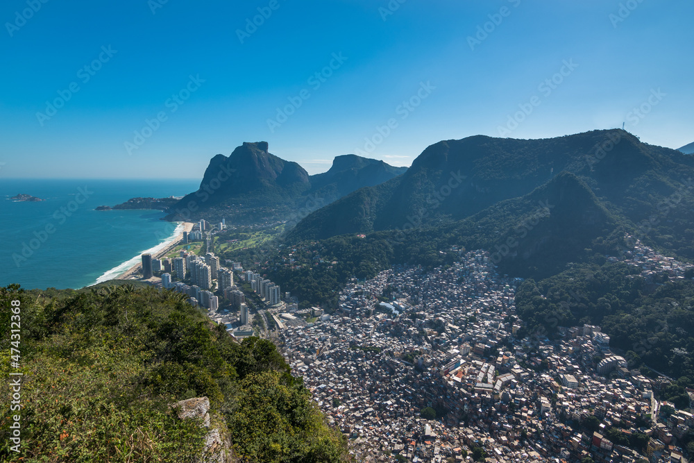 Panoramic view of São Conrado neighborhood, Pedra da Gávea (Gávea Rock) and Rocinha slum from Morro Dois Irmãos (Hill Two Brothers) - Rio de Janeiro, Brazil