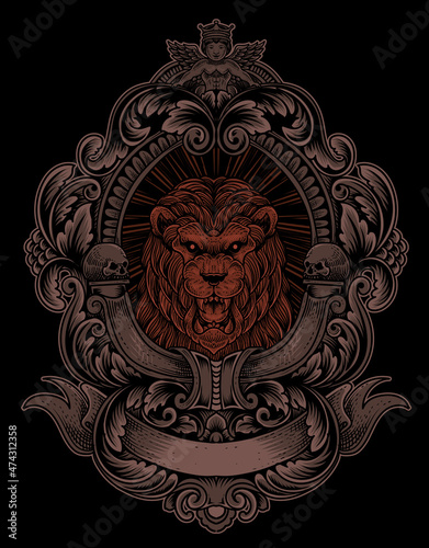 illustration vintage lion with engraving style