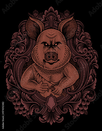 illustration vintage psychopath pig with engraving style